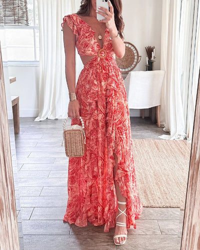 Butterfly Sleeve Print Ruffle Slit Dress