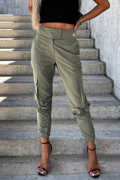 Button Waist Pocketed Tapered Pants