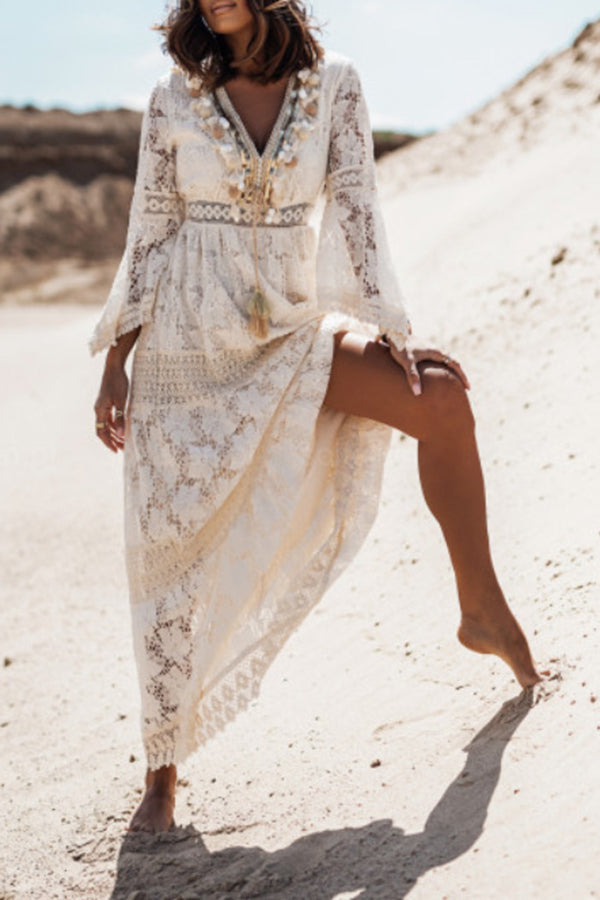 Lace-paneled Fringed Maxi dress