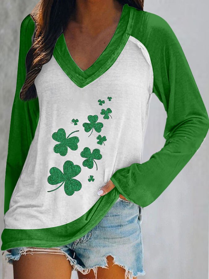 Women's Green Trefoil Print Loose V-Neck Long Sleeve T-Shirt