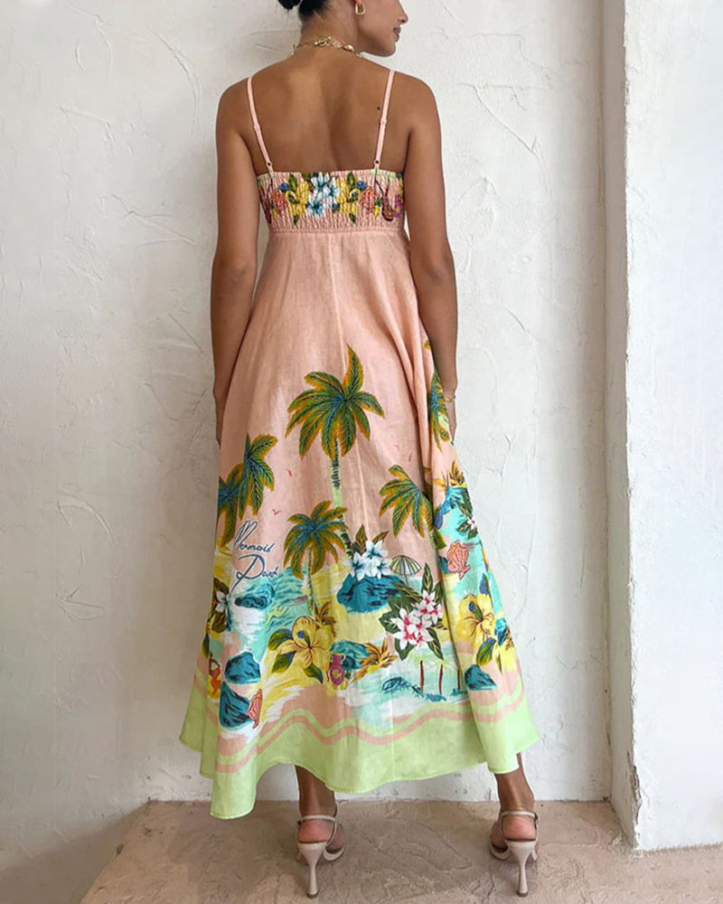 Sommerkleid mit hoher Taille und Sling-Print, lässiges Urlaubskleid 