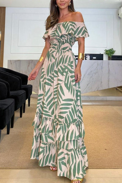 Plant Smiles Printed Off Shoulder Elastic Waist Maxi Dress