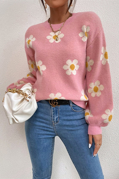 Floral Round Neck Jacquard Knitted Sweater Women's Top