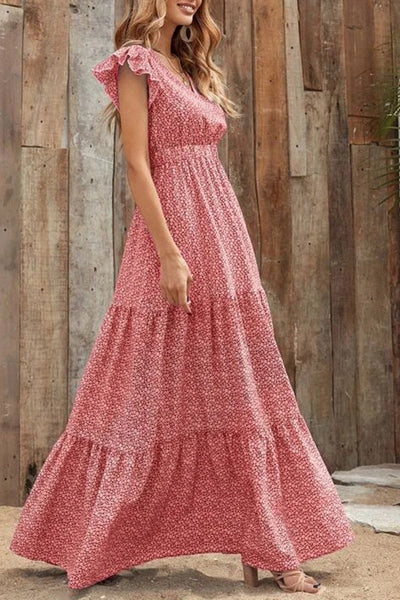 Robe longue à manches courtes et imprimé floral, taille haute, col en V