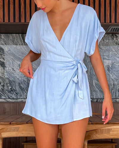 Casual Cotton Linen V Neck Tie Jumpsuit Shorts