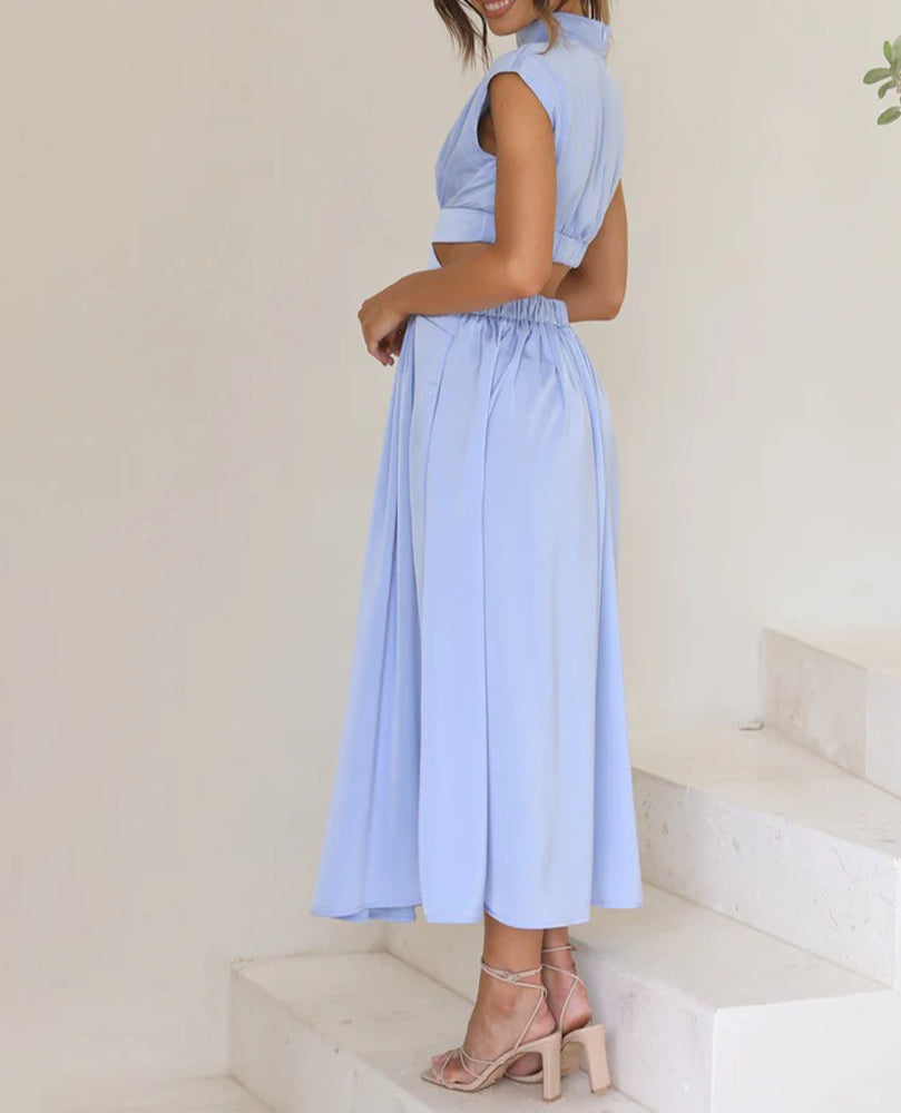 Chic Stand Collar Solid Color Sexy Waist Midi Dress