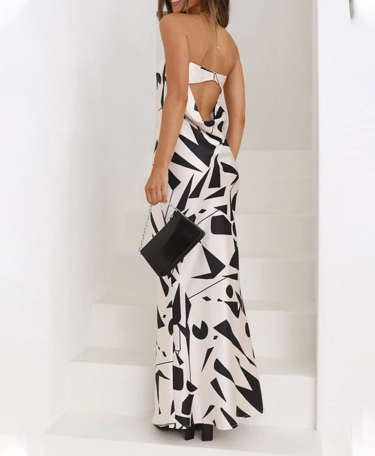 Schulterfreies Maxikleid mit geometrischem Print