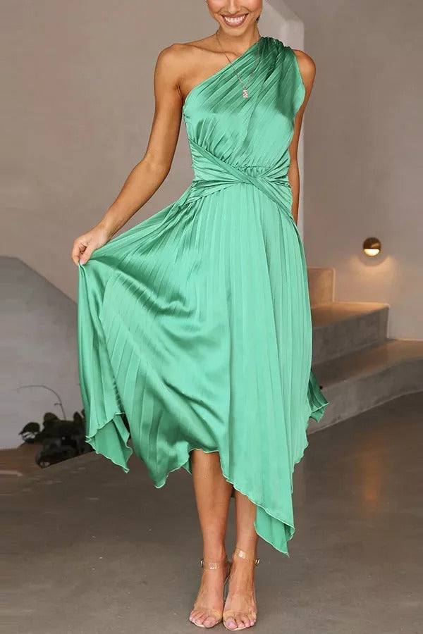 Satin One Shoulder Pleated Midi Dress