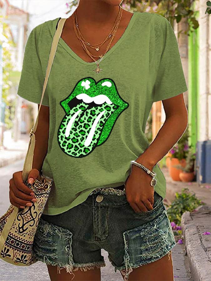 Women's St Patrick's Day Dripping Lips Shamrock Lips Printed Casual V-Neck Tee