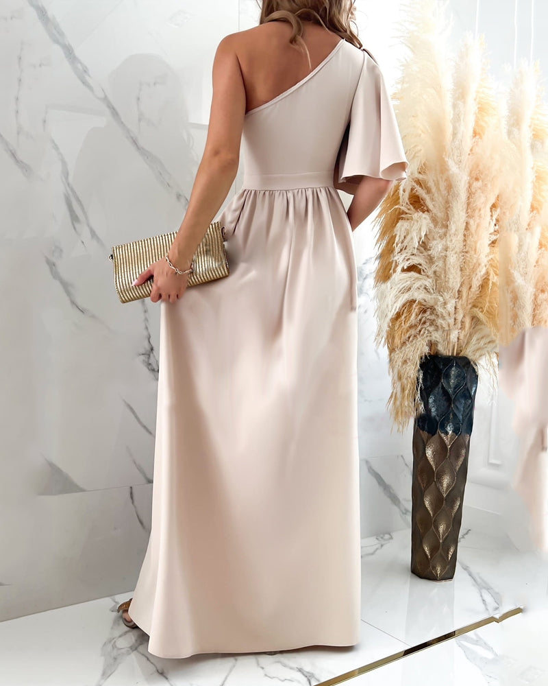 Solid Color Ruffled Sloping Shoulder Hem Slit Dress