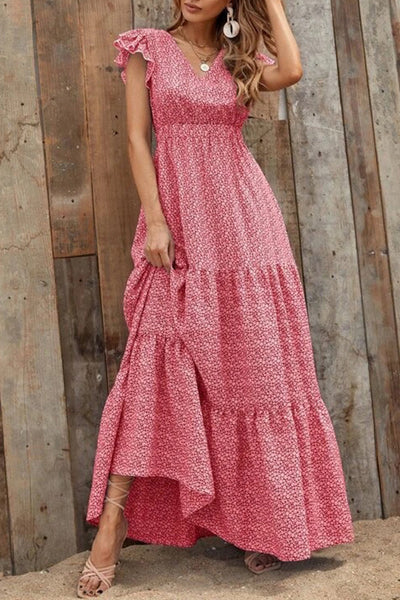 Robe longue à manches courtes et imprimé floral, taille haute, col en V