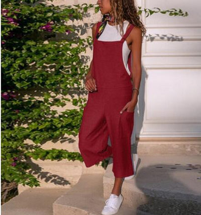 Cotton Linen Casual Loose Suspender Jumpsuit