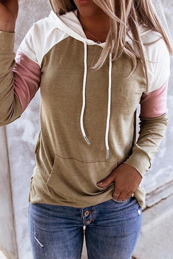 Long-sleeved Color-blocking Hooded Sweatshirt