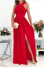 Elegant Sleeveless Halter Open Back Hem Slit Maxi Dress