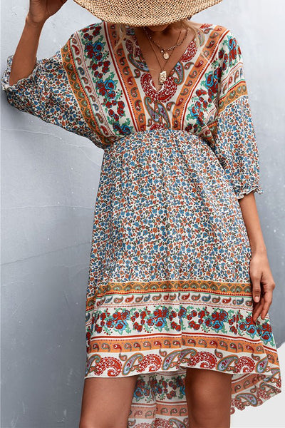 V-Neck Positioned Floral Irregular Backless Dress