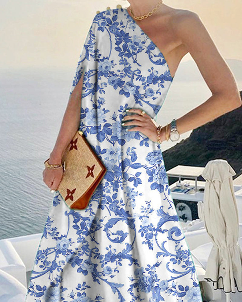 Modisches, lockeres Kleid mit One-Shoulder-Print 