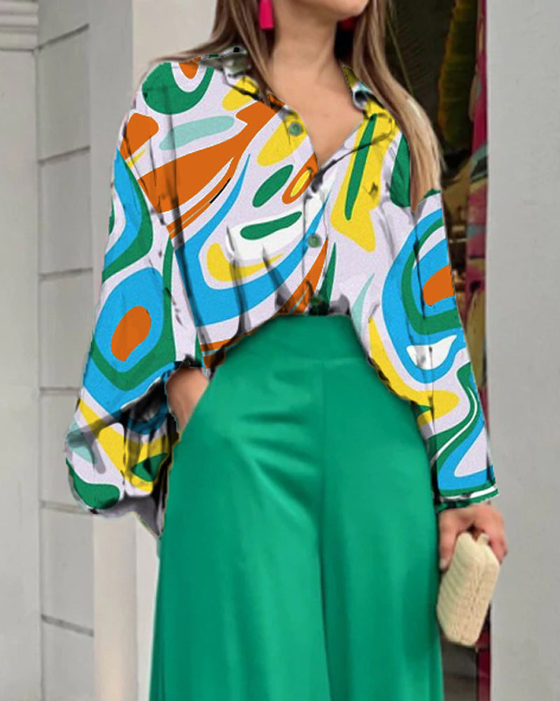 Casual Print Shirt & Wide Leg Pants Two-Piece Set