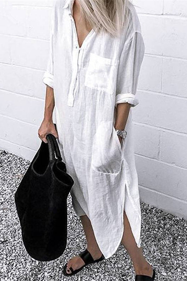 Elegant Solid Color Slit Shirt Dress