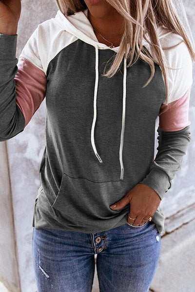 Long-sleeved Color-blocking Hooded Sweatshirt