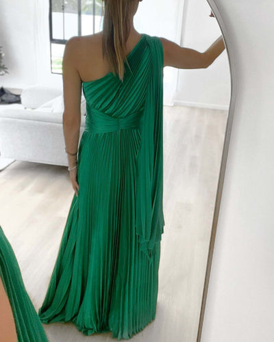 One-shoulder pleated satin dress