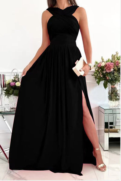 Elegant Sleeveless Halter Open Back Hem Slit Maxi Dress