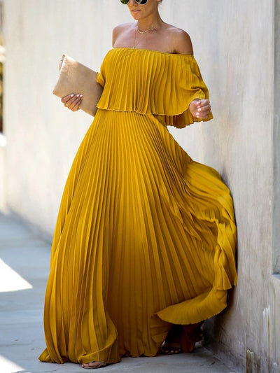 Ruffled Peated Chiffon Maxi Dress