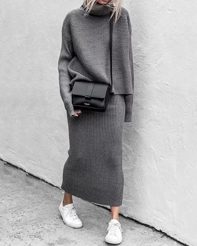 Fashion solid color turtleneck knitted skirt suit two-piece set
