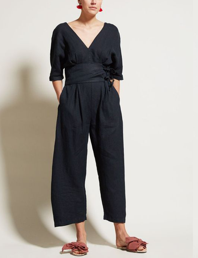 Vintage Belted Linen Jumpsuit