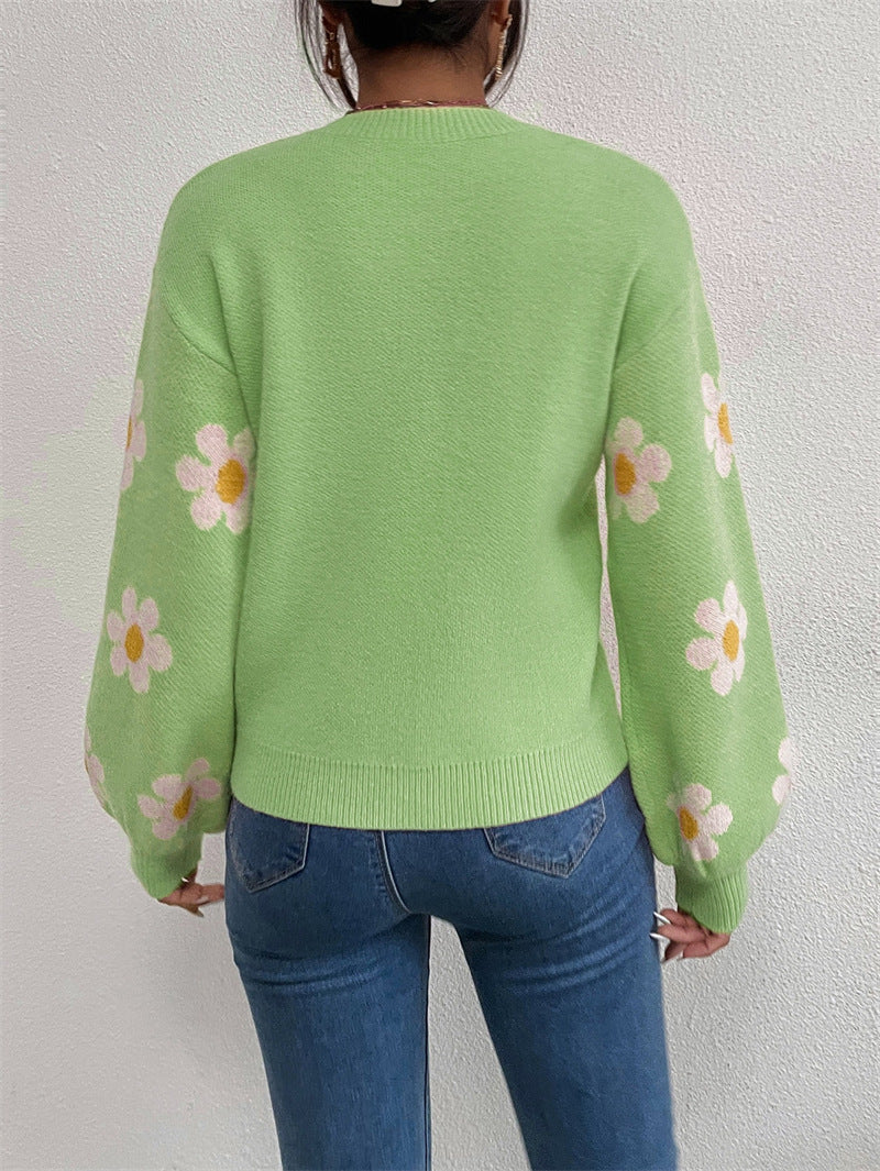 Floral Round Neck Jacquard Knitted Sweater Women's Top