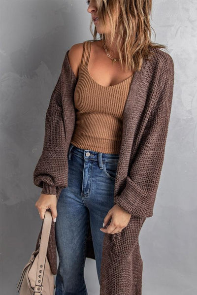 Open Front Waffle Knit Texture Long Cardigan