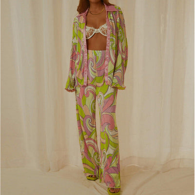 Printed Pleated Long Sleeves Spring and Summer 2 Pieces Suit