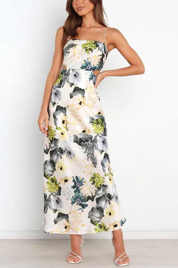 Garden Party Floral Satin Cut Out Back Lace-up Maxi Dress