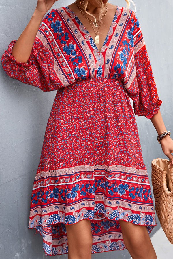 V-Neck Positioned Floral Irregular Backless Dress