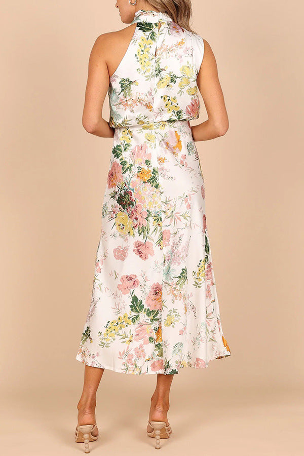 Temperament hanging neck printed satin dress