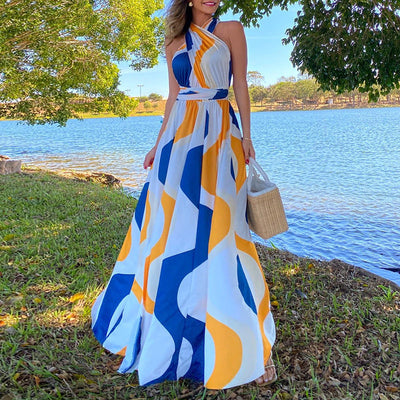 Sweet Striped Halter Slit Resort Dress