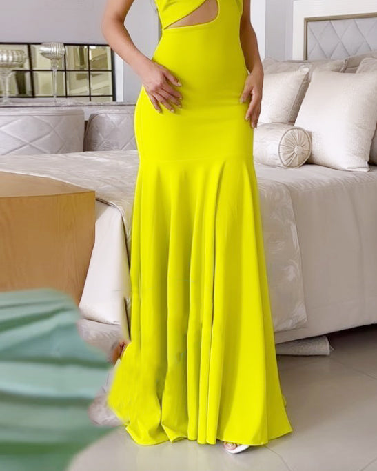 One Shoulder Hollow Solid Color Dress