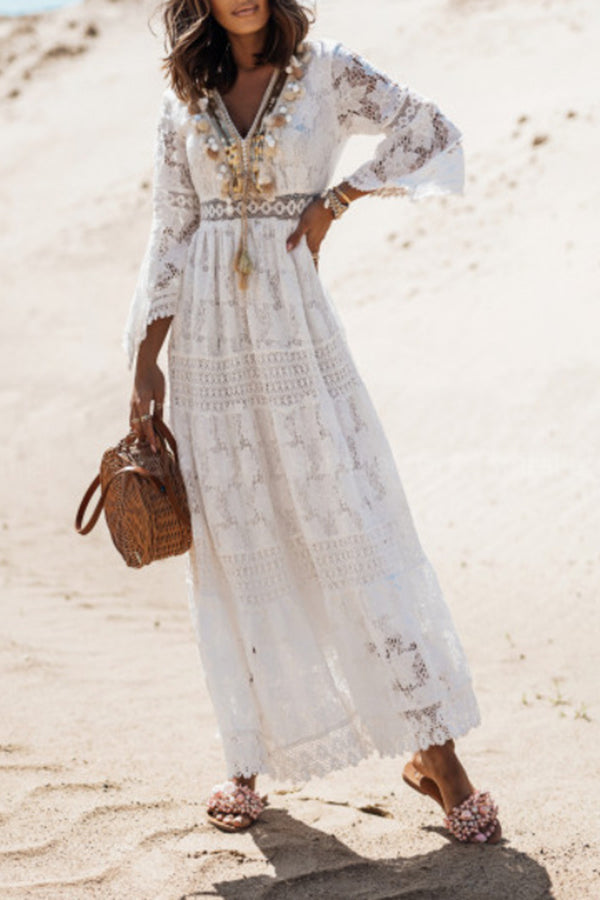 Lace-paneled Fringed Maxi dress