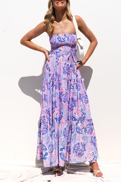 Strapless Backless Lace Up Print Maxi Dress