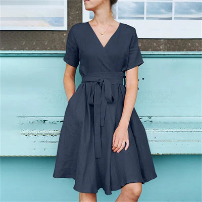 Solid Color Short Sleeves Bow Belt Cotton Dress