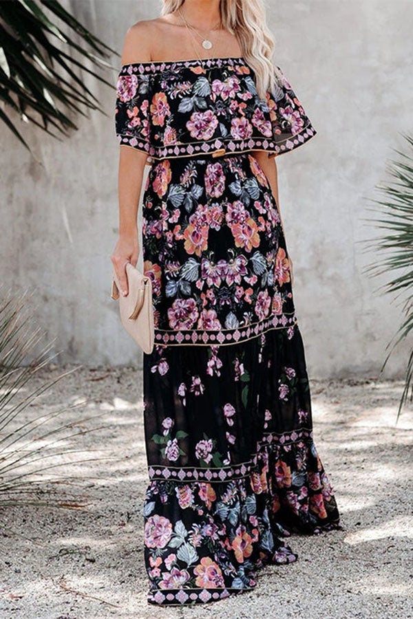 Ruffle Off Shoulder Tie Waist Printed Maxi Dress