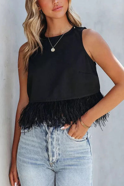 Eternally Glitzy Feather Trim Crop Tank Top