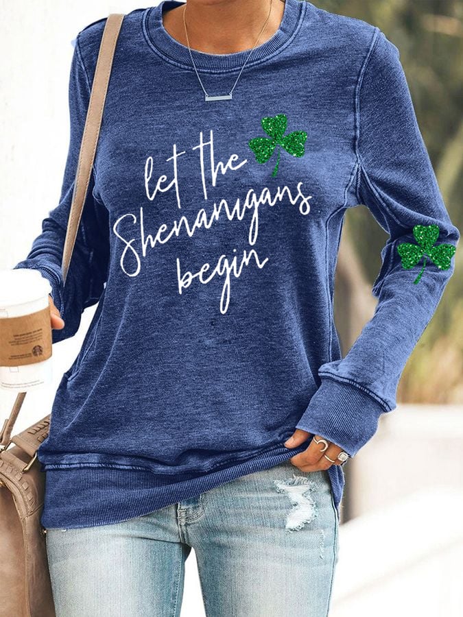 Damen Sweatshirt mit glitzerndem Kleeblatt-Motiv „Let the Shenanigans Begin“ 