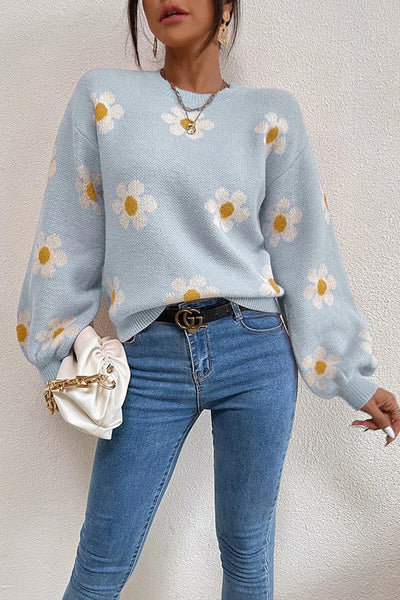 Floral Round Neck Jacquard Knitted Sweater Women's Top