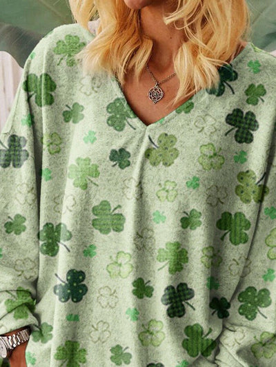 Clover Print V-Neck Long Sleeve T-Shirt