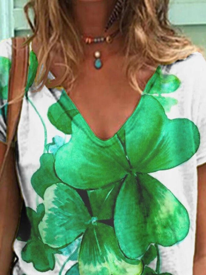 V-Neck Clover Print Top