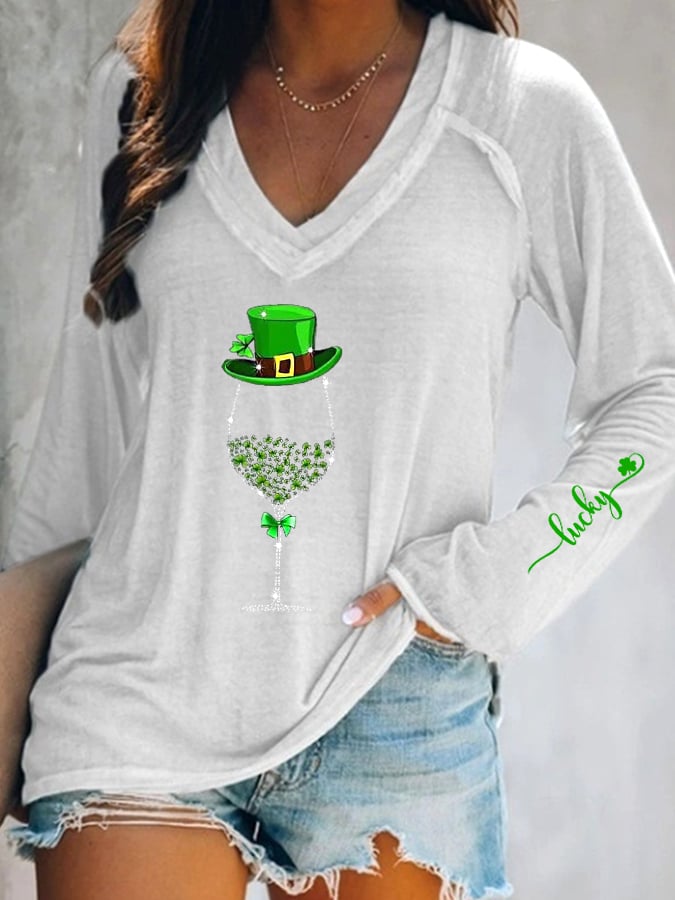 T-shirt à manches longues pour femme, verre à vin brillant, Lucky Shamrock, pour la Saint-Patrick 