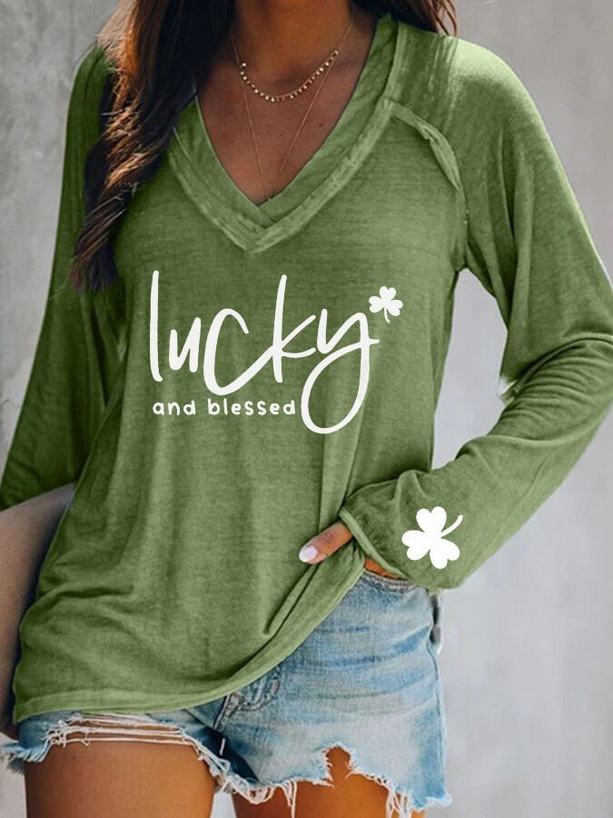 Women's St. Patrick's Day LUCKY and Blessed Print V-Neck T-Shirt