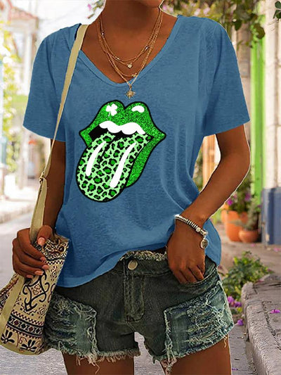 Women's St Patrick's Day Dripping Lips Shamrock Lips Printed Casual V-Neck Tee