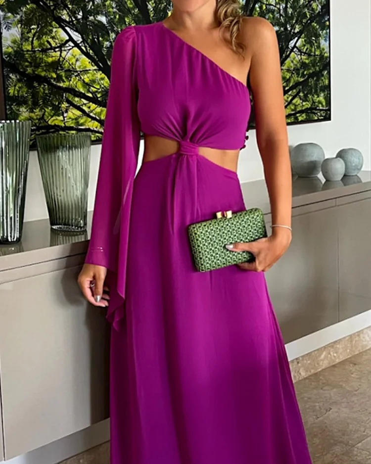 One Shoulder Chiffon Sexy Waist Maxi Dress