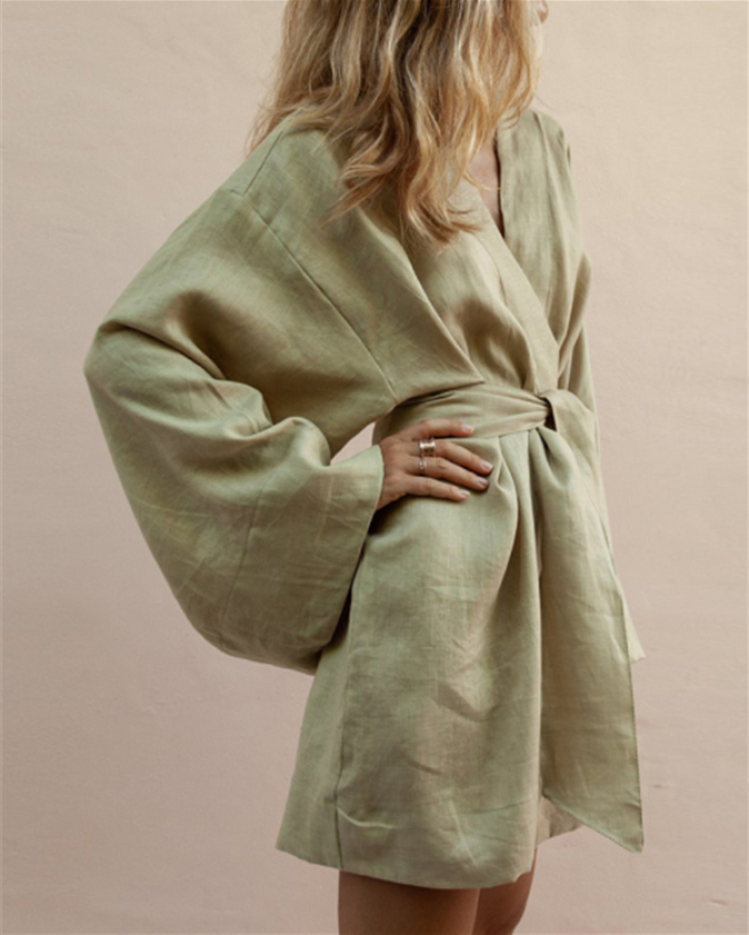 Robe kimono décontractée en coton et lin 